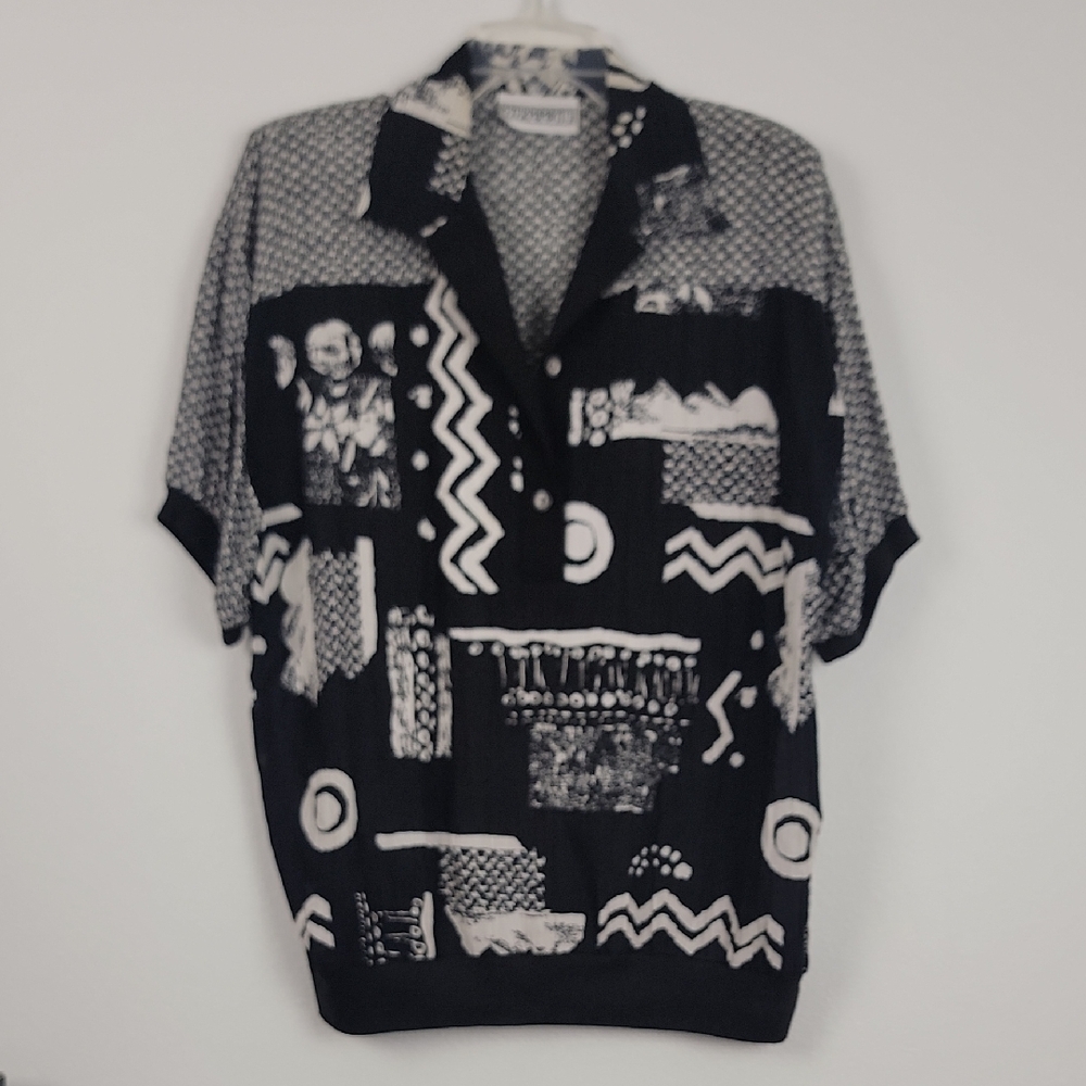 Vintage Peter Popovitch Black and White Artsy Short Sleeve Shirt L